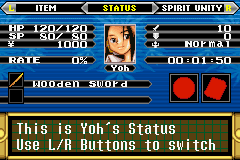 Shaman King: Master of Spirits (Game Boy Advance) screenshot: Main Status Screen
