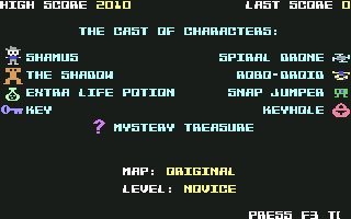 Shamus (Commodore 64) screenshot: Main menu and cast