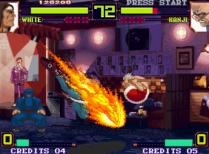 Shin Gōketsuji Ichizoku Tōkon: Matrimelee (Neo Geo) screenshot: White Buffalo counterattacking an offensive Kanji Kokuin with his flaming attack Flying Elbow Blow.