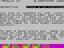 Apollo 11 (ZX Spectrum) screenshot: Instructions