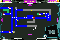 Metroid: Zero Mission (Game Boy Advance) screenshot: The map shows explored and unexplored locations, items, elevators and more