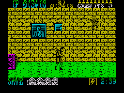 Shinobi (ZX Spectrum) screenshot: Ninjas cling on to the wall and drop on to you if you don't kill them first