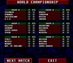 Championship Soccer '94 (SNES) screenshot: World Championship standings