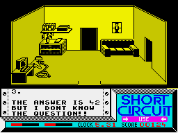 Short Circuit (ZX Spectrum) screenshot: Life, the universe, and a joke which soon wears thin