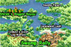 Shrek: Swamp Kart Speedway (Game Boy Advance) screenshot: Each area has different tracks for you to race on