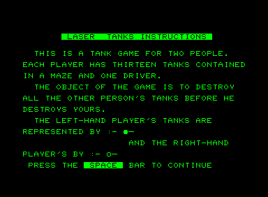 Laser Tanks (Commodore PET/CBM) screenshot: Instructions