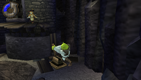 Shrek the Third (PSP) screenshot: Shrek uses a lever to open the catwalk door.