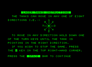 Laser Tanks (Commodore PET/CBM) screenshot: Like most basic games, the game really plays in a grid
