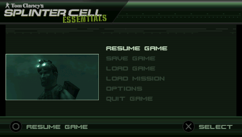 Tom Clancy's Splinter Cell: Essentials (PSP) screenshot: Pause menu.