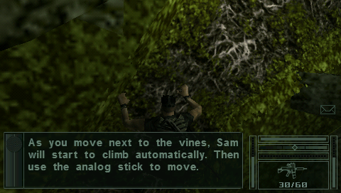 Tom Clancy's Splinter Cell: Essentials (PSP) screenshot: Climbing on vines.