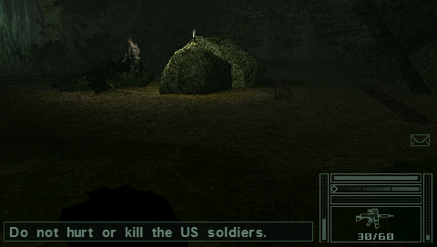 Tom Clancy's Splinter Cell: Essentials (PSP) screenshot: You have to sneak out the camp in order to rescue a prisoner.