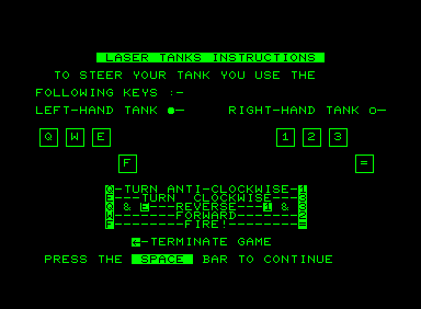 Laser Tanks (Commodore PET/CBM) screenshot: Keyboard controls