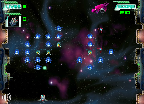 Galaxy Invaders (Browser) screenshot: Using the green, alien-penetrating shot
