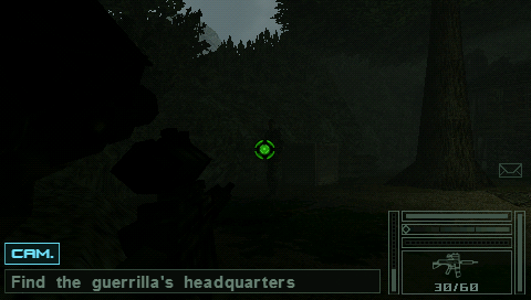 Tom Clancy's Splinter Cell: Essentials (PSP) screenshot: When you successfully target an enemy, the crosshair turns bright green.