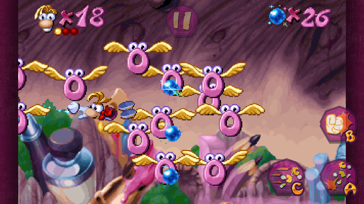 Rayman (Android) screenshot: A lot of rings to cling to