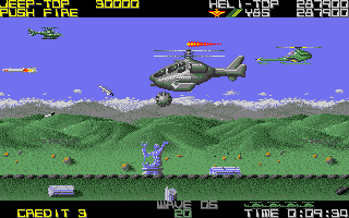 Silkworm (Amiga) screenshot: Fighting two helicopter bosses