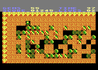 Rockford: The Arcade Game (Atari 8-bit) screenshot: In this level some walls present a challenge
