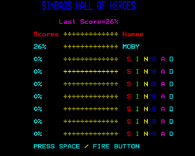Sinbad (BBC Micro) screenshot: High scores
