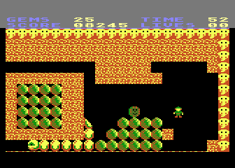 Rockford: The Arcade Game (Atari 8-bit) screenshot: The large snake creates diamonds, but don't get caught!