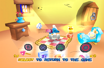 The Smurfs (PlayStation) screenshot: Did you know that Baby Smurf loves baby bottles?