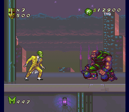 The Mask (SNES) screenshot: The jail boss; the jail has a great view and THQ's massive skyscraper dominates the skyline