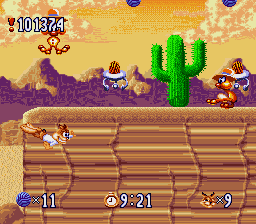 Bubsy in: Claws Encounters of the Furred Kind (SNES) screenshot: The cactus certifies that this is the desert