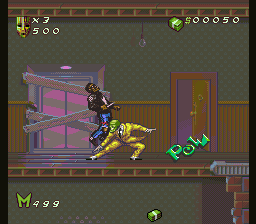 The Mask (SNES) screenshot: The first level is the Stanley's apartment building