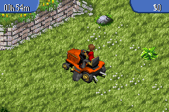 The Sims: Bustin' Out (Game Boy Advance) screenshot: Mowing the lawn for simoleons
