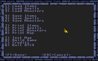 The Bard's Tale Construction Set (Amiga) screenshot: The utilities menu.