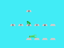Mr. Frog (TI-99/4A) screenshot: Letter Hop: The frog below jumps forward for each correct answer