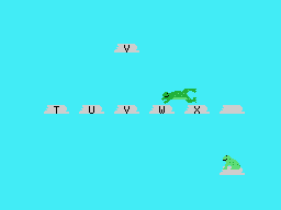 Mr. Frog (TI-99/4A) screenshot: Letter Hop: Hopping towards the V