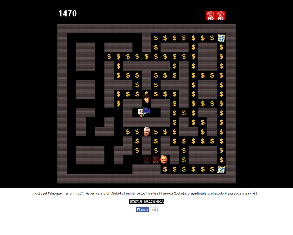 Teleorpacman (Browser) screenshot: Continuing after losing a life. Also, Tăriceanu showed up.