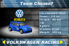 2 in 1: V-Rally 3 + Stuntman (Game Boy Advance) screenshot: Selecting a racing team.
