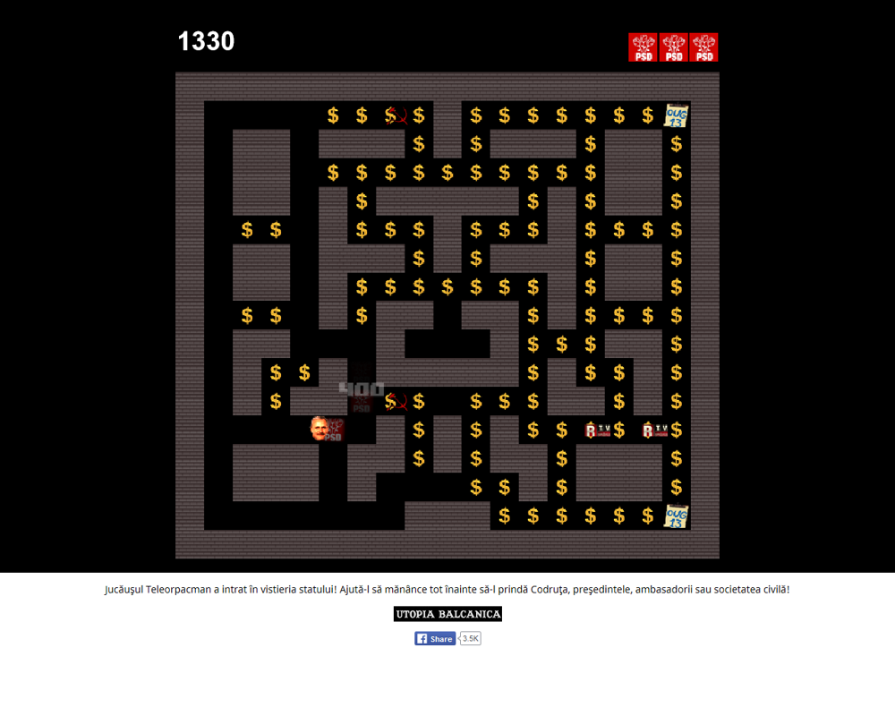 Teleorpacman (Browser) screenshot: Double bonus for the second enemy eaten before the power up expired.