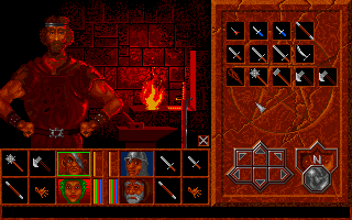 Abandoned Places 2 (Amiga) screenshot: The blacksmith is selling weapons and armor, but everything is very expensive.