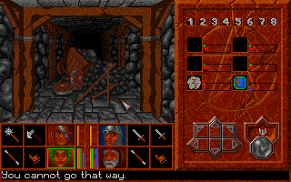 Abandoned Places 2 (Amiga) screenshot: The passage is blocked, and we need to find another way.