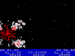 Ad Astra (ZX Spectrum) screenshot: When you crash you are greeted with a very well drawn explosion