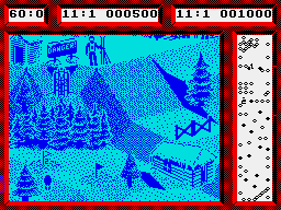 Professional Ski Simulator (ZX Spectrum) screenshot: Near the tree in the bottom left