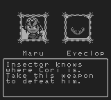 Maru's Mission (Game Boy) screenshot: A defeated mid-boss will give you a weapon to defeat the level boss.
