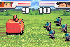 Advance Wars 2: Black Hole Rising (Game Boy Advance) screenshot: Some soldiers attack our vehicle.