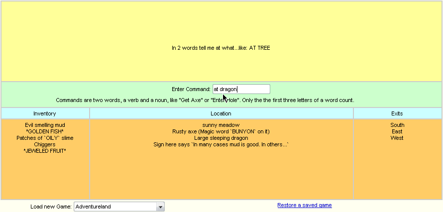 Adventureland (Browser) screenshot: Designating a subject for a verb in its two-word parser
