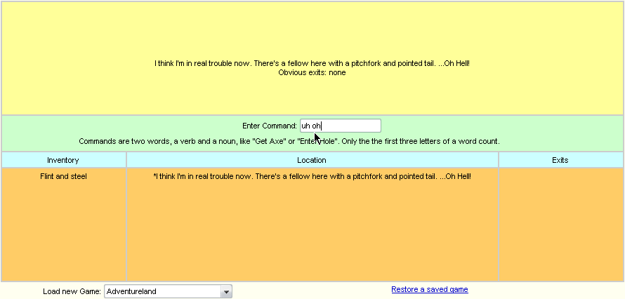Adventureland (Browser) screenshot: Maybe it would have been sager not to test that hypothesis...