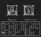 Maru's Mission (Game Boy) screenshot: The mid-boss, the Sphinx, wants you to solve a riddle.