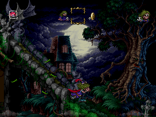 The Adventures of Lomax (PlayStation) screenshot: This spooky level is quite possibly the single best piece of pixel art I have ever seen.