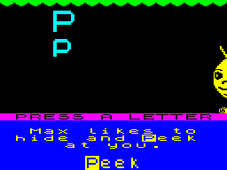 Romper Room's I Love My Alphabet (ZX Spectrum) screenshot: Max hiding and peeking