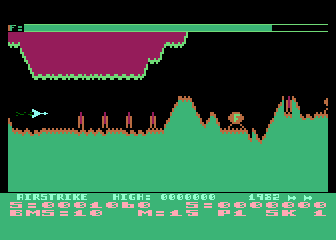 Airstrike (Atari 8-bit) screenshot: Those 4 bases will pop up at me; collected a fuel dump though