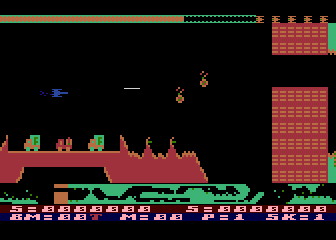 Airstrike II (Atari 8-bit) screenshot: Fuel dumps below