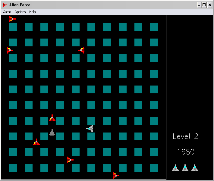 Alien Force (Windows 16-bit) screenshot: Level 2 of the game... I'm blue, the enemies are red... and that gray one is one I just killed.