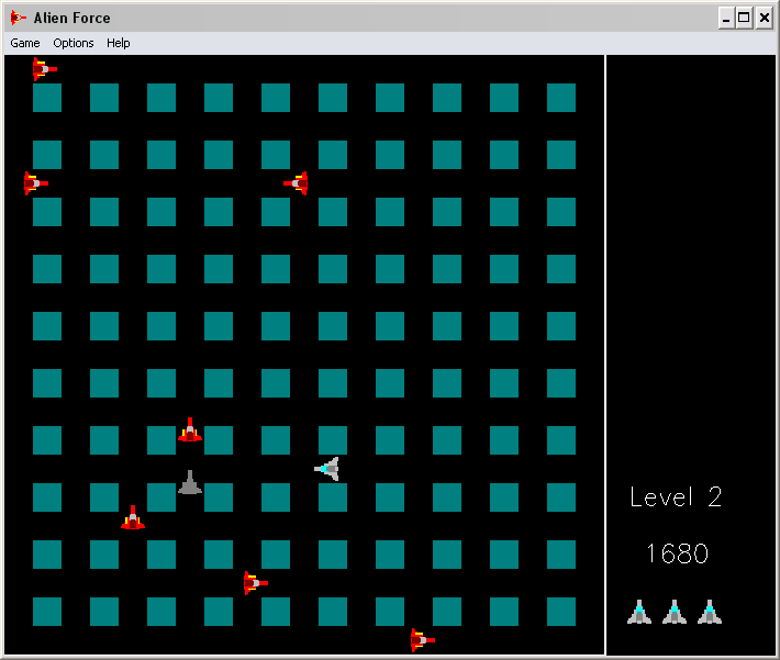 Alien Force (Windows 3.x) screenshot: Level 2 of the game... I'm blue, the enemies are red... and that gray one is one I just killed.