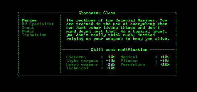 Aliens: Roguelike (Windows) screenshot: Select your class. Marines are dumb brutes, as everyone knows.